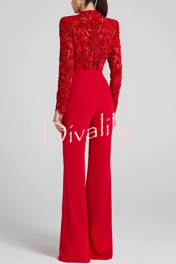 Eleanor Embroidered Floral Lace Long Sleeve Patchwork Belt Flare Jumpsuit