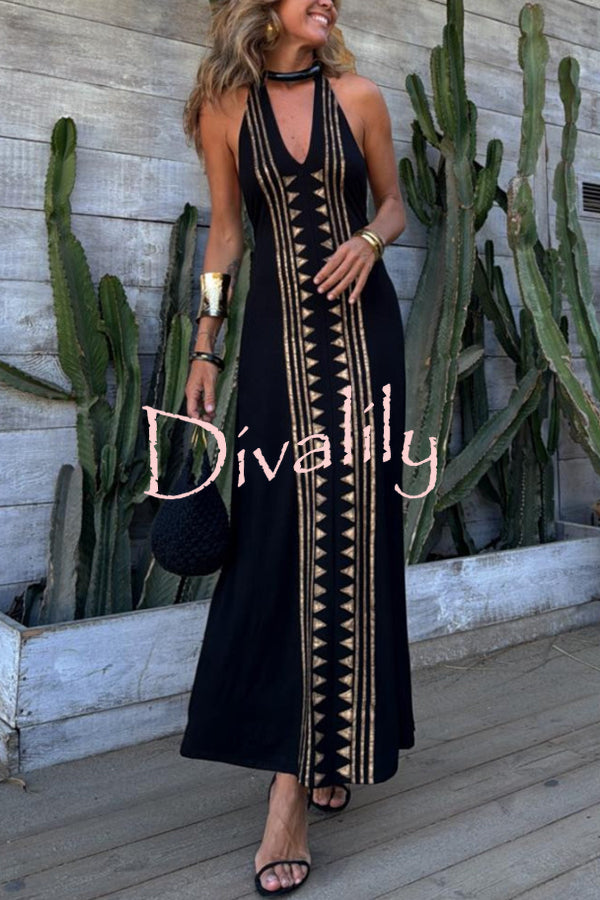 Meret Gold Geometric Print Halter Backless Stretch Maxi Dress