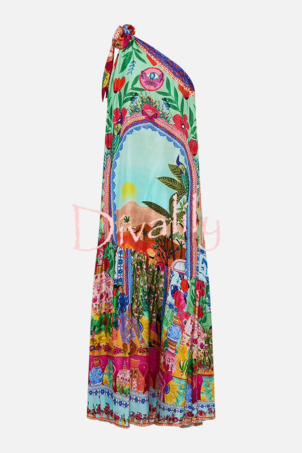 Queens of Creation Unique Print One Shoulder Tie-up Pocketed Loose Maxi Dress