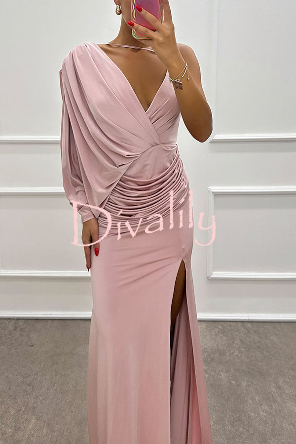 Like Venus One Shoulder Bat Sleeve Ruched Detail Slit Gown Maxi Dress