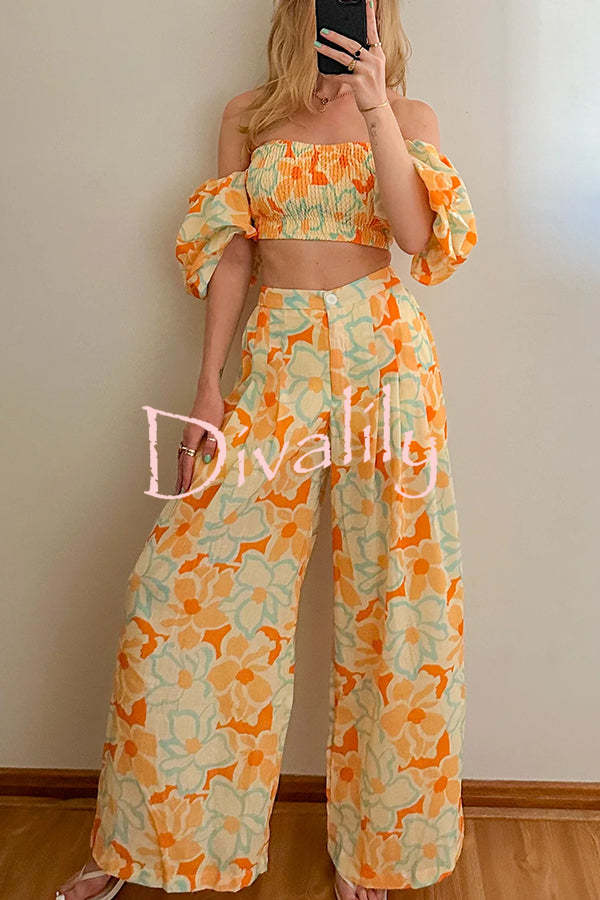 Quinci Floral Puff Sleeve Smocked Top and Elastic Waist Pocketed Loose Pants Set