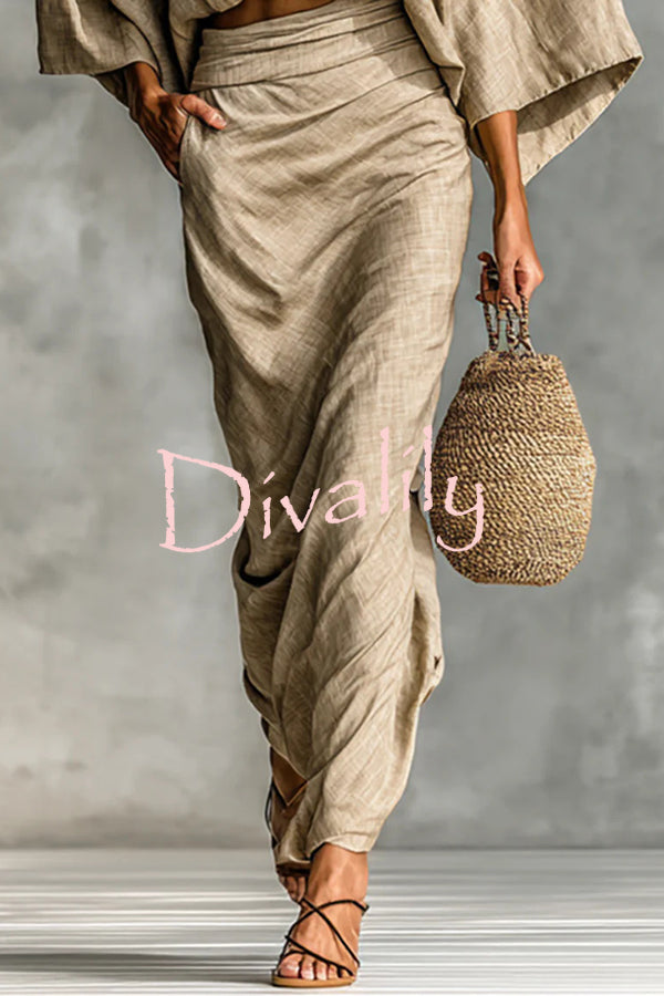 Linen Blend Batwing Sleeve Loose Top and Casual Pocket Maxi Skirt Set