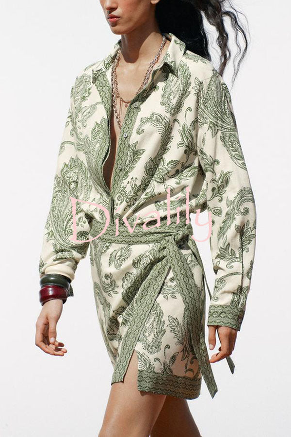 Blend Into Leaves Linen Blend Unique Print Long Sleeve Blouse and Wrap Tie-up Mini Skirt Set