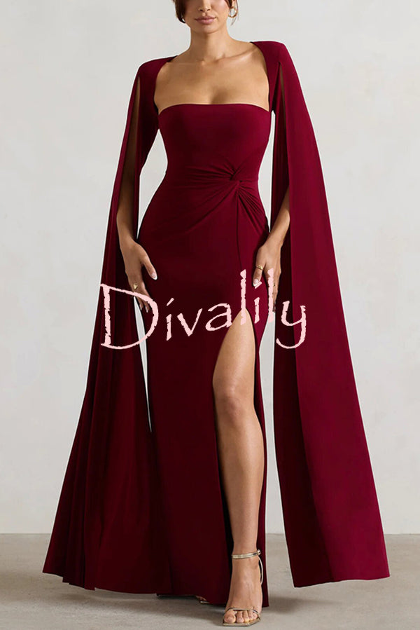 Elegant Goddess Square Neck Twisted Cape Sleeve Slit Maxi Dress