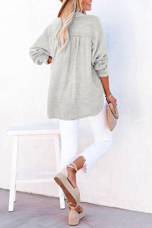 Solid Color Long Sleeve Pleated Button Loose Top