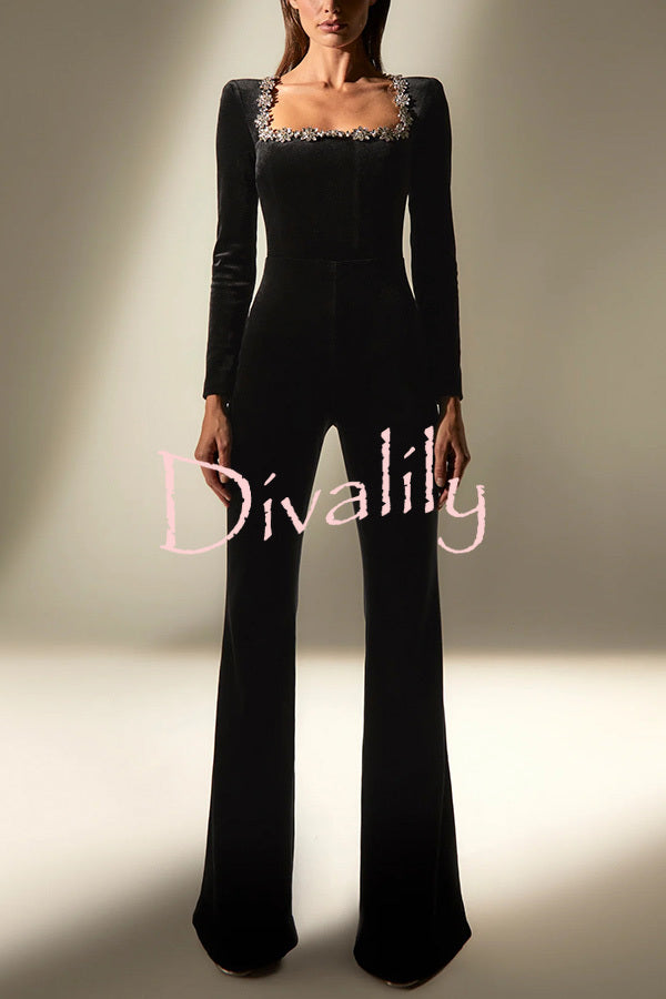 Classic Charm Velvet Jewel Embellished Trim Long Sleeve Flare Jumpsuit