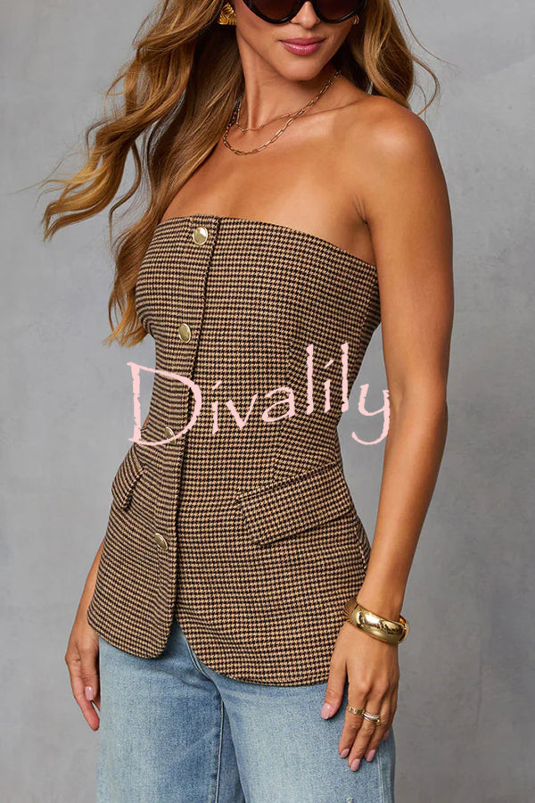 Workplace Vitality Houndstooth Off Shoulder Button Vest Top
