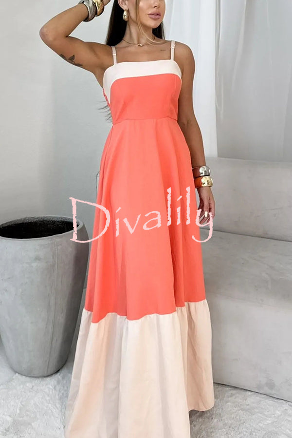 Fashionable Contrast Color Stitching Sling Maxi Dress