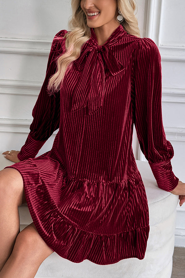 Vintage Velvet Bow Tie Neck Long Sleeve Loose Mini Dress