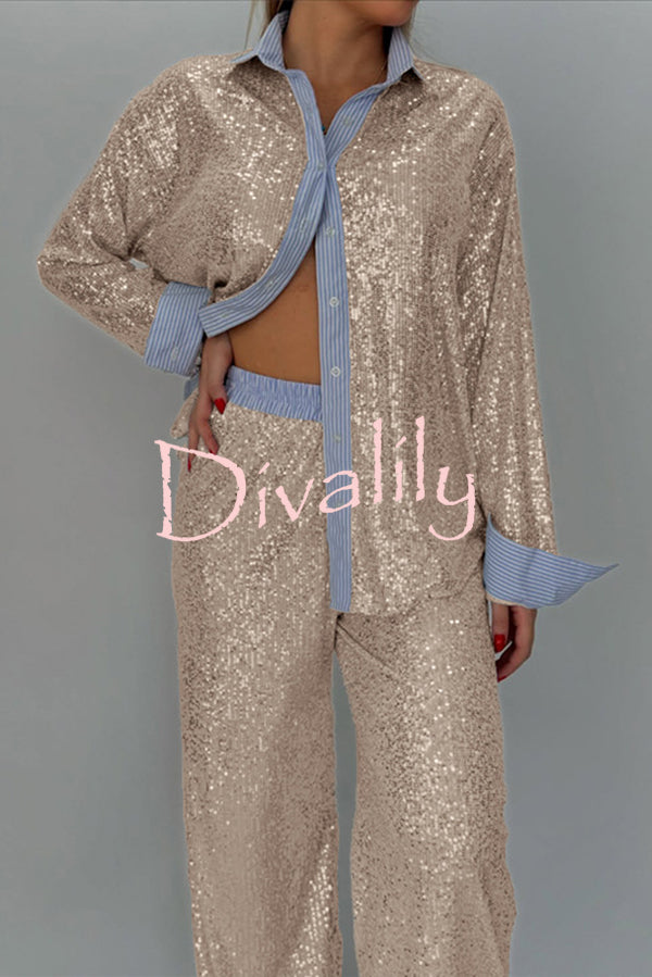 Fashion Sequined Loose Long-sleeved Shirt and Casual Elastic Waist Wide-leg Pants Set