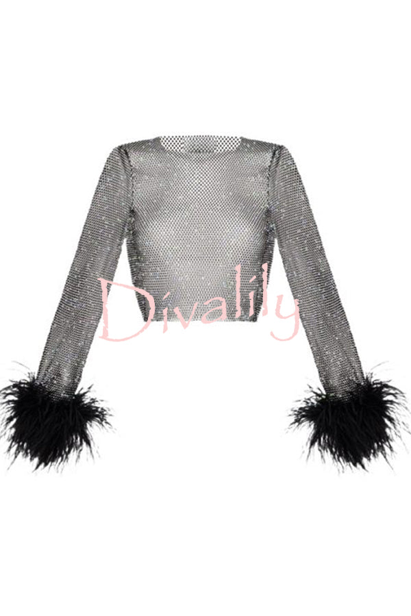 Sparkly Holiday See-through Glitter Fabric Feather Trim Top