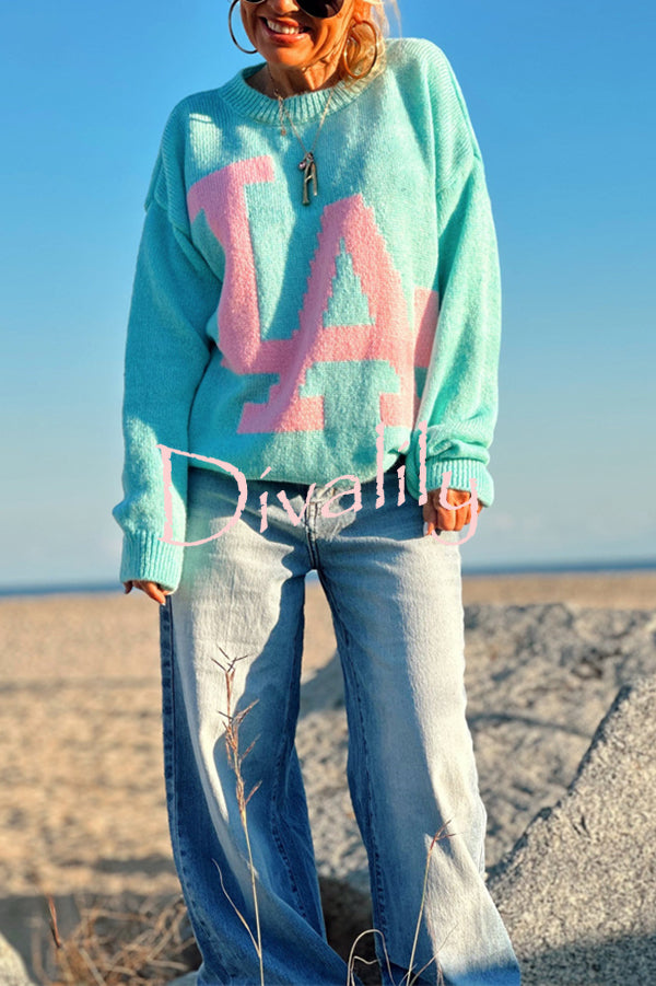 Letter Pattern Crew Neck Long Sleeve Loose Knit Sweater