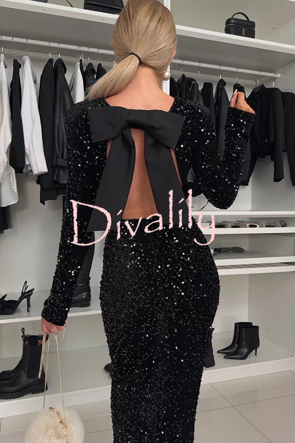 My Space Velvet Sequin Long Sleeve Open Back Bow Detail Stretch Maxi Dress