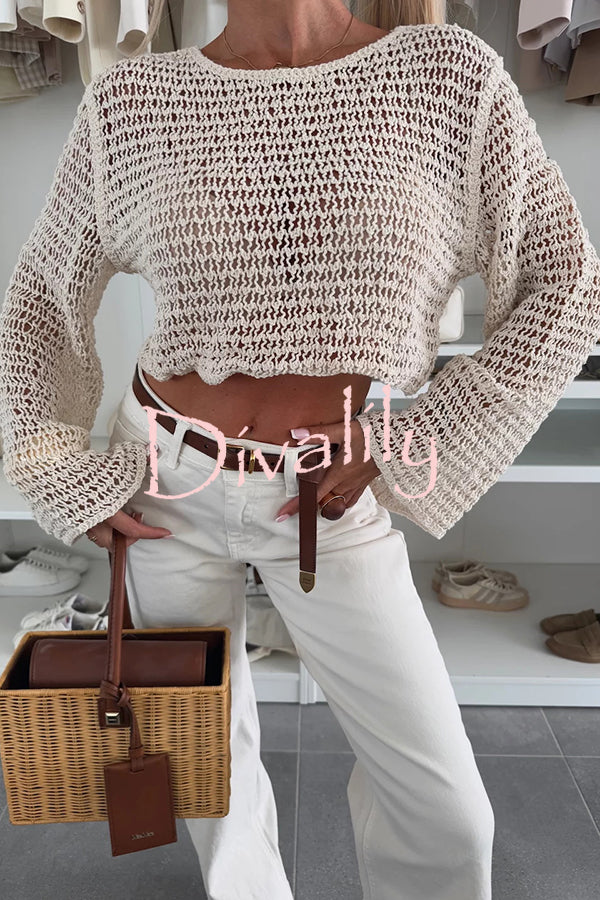 Fashion Knitted Hollow Long Sleeve Round Neck Holiday Cover Up