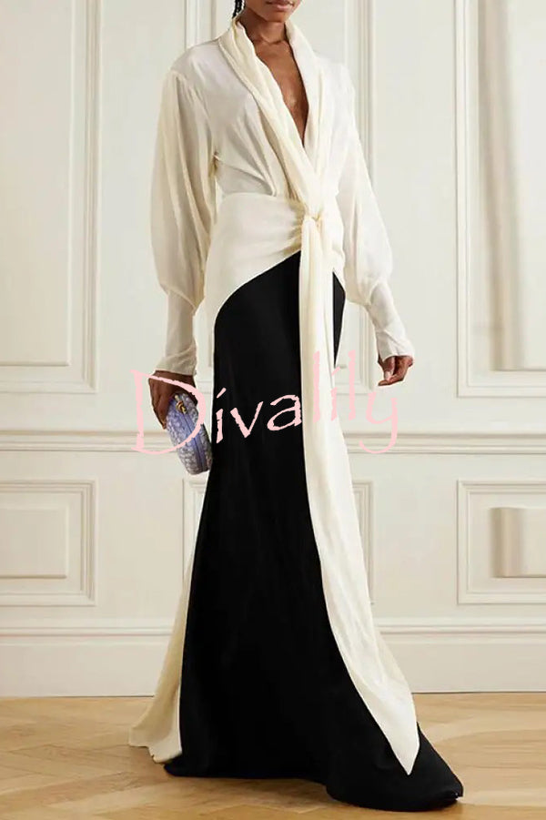 Fashion Contrast Color V-neck Tie High Waist Drape Maxi Dress