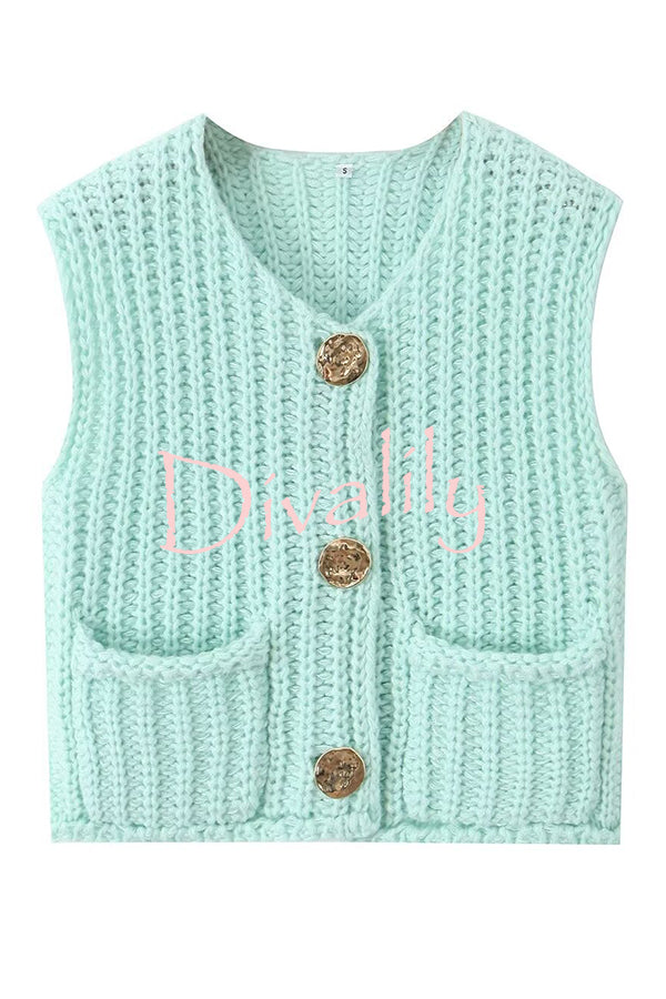 Solid Color Sleeveless Pocket Knitted Vest