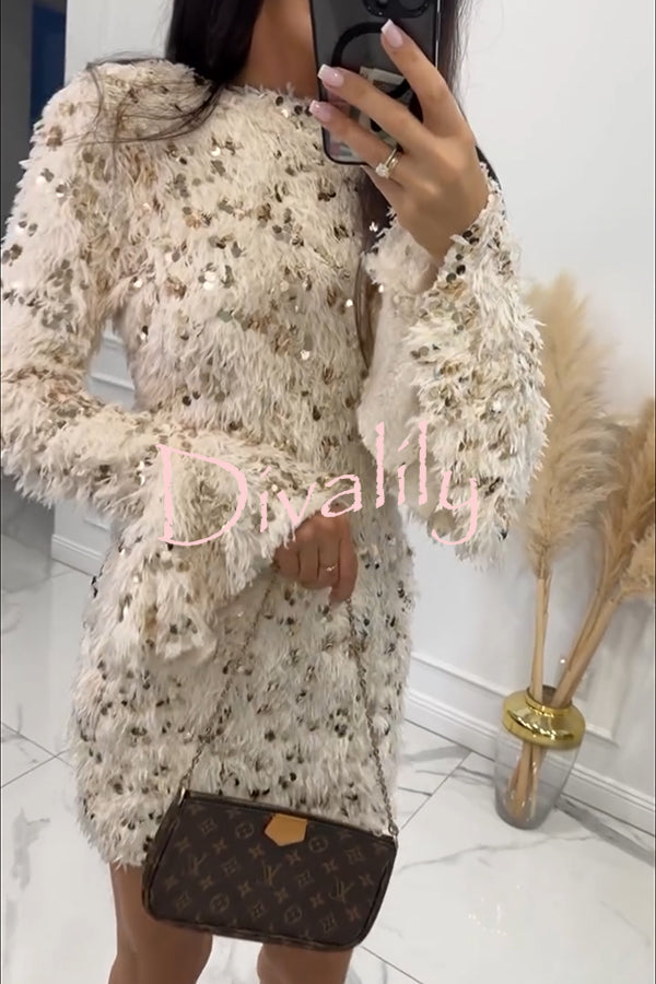 Twilight Ember Knit Sequin Tassels Wide Neck Long Bell Sleeve Mini Dress