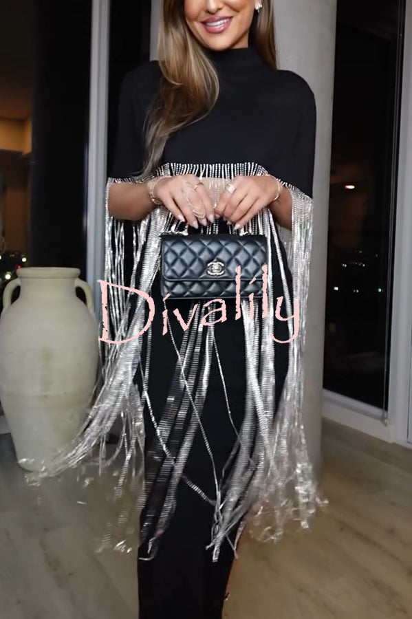 New Level Shiny Tassel Stand Neck Crop Cape Blouse