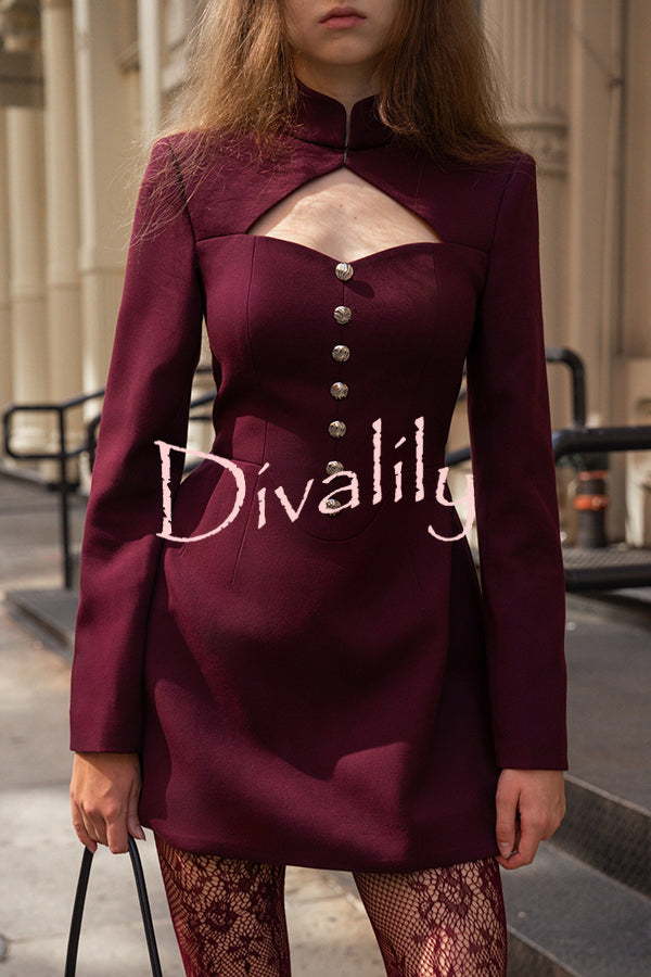 Elegant Long-sleeved Hollowed-out Button-down Slim-fit Mini Dress
