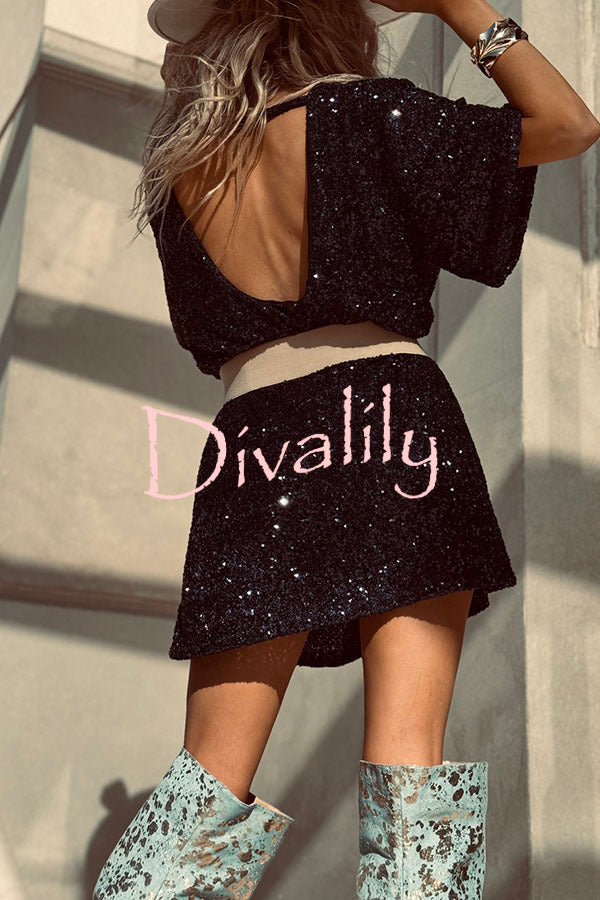 Night Moves Sequin Fabric Short Sleeve Backless H-line Mini Dress