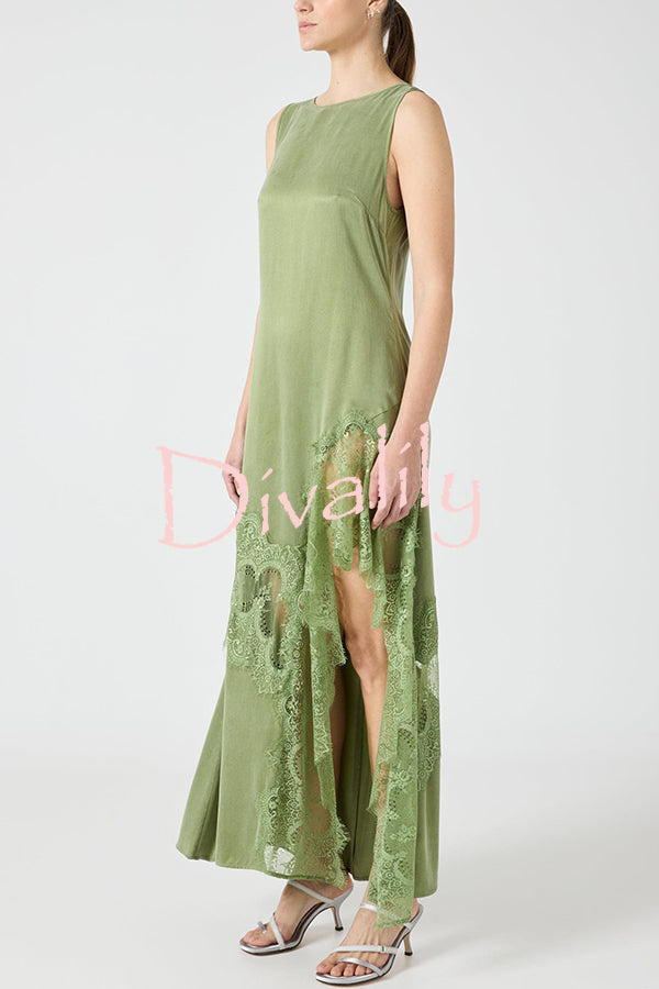 Pretty Soul Satin Lace Trim Wide Neck Irregular Hem Slit Maxi Dress