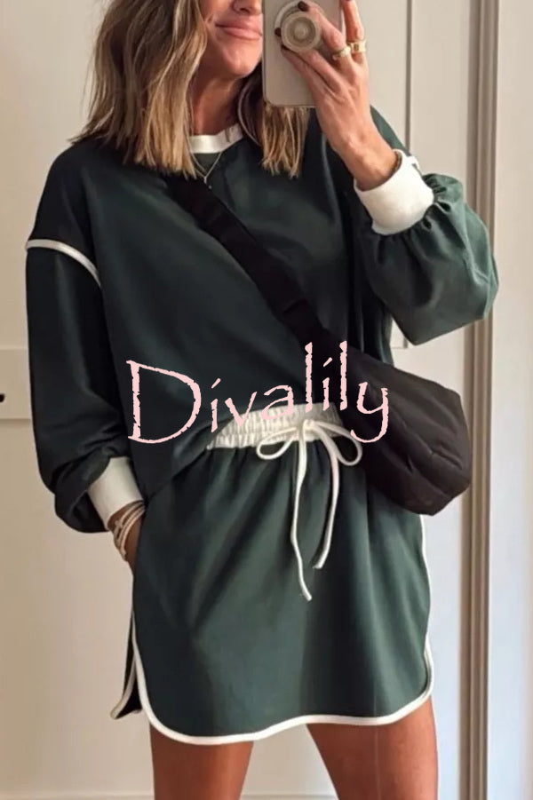 Fashion Round Neck Long Sleeve Spliced Casual Top and Elastic Waist Loose Shorts Set