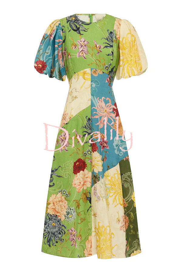 Floral Print Round Neck Puff Sleeve Casual Midi Dress