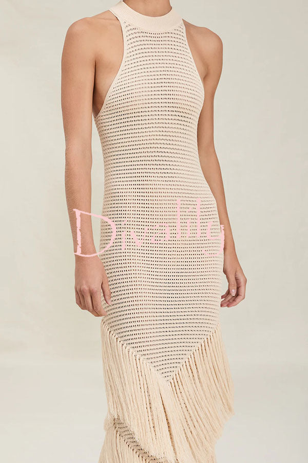 Miami Night Knit Hollow Out Layered Tassle Hem Stretch Maxi Dress
