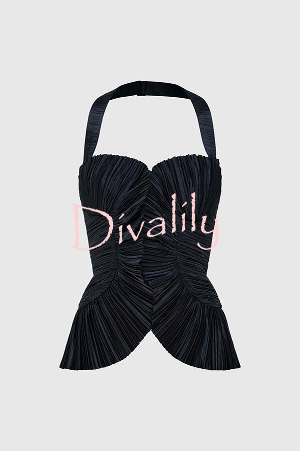 Show Exquisiteness Satin Pleated Heart-shaped Off Shoulder Halter Tank