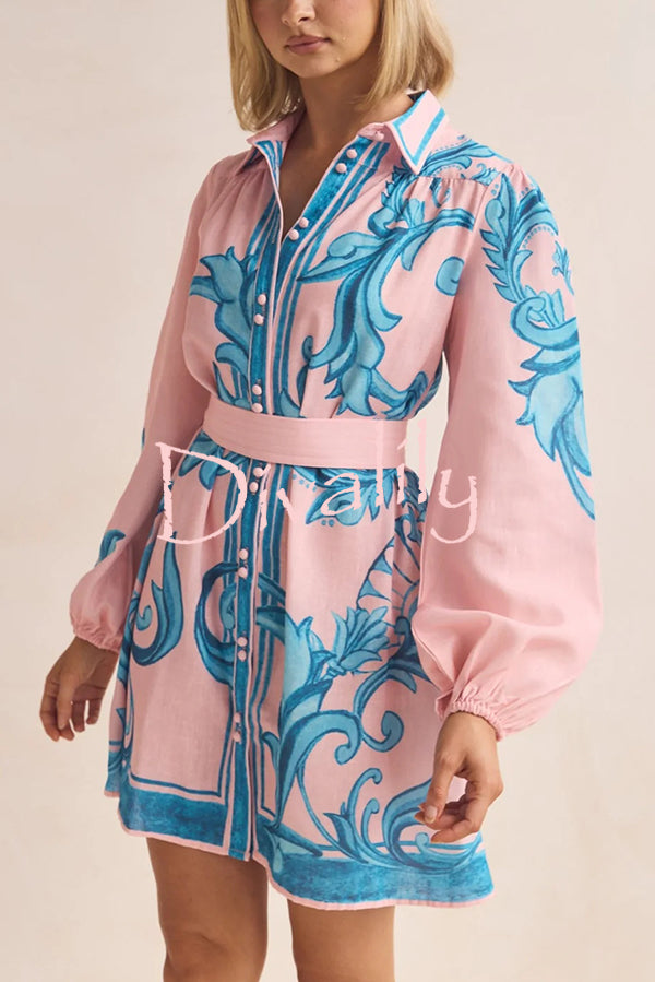 Botanical Print Lapel Puff Sleeve Vintage Belt Loose Mini Dress