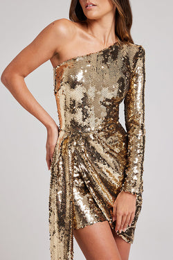 Party Season Sequin One Shoulder Asymmetrical Drape Hem Mini Dress