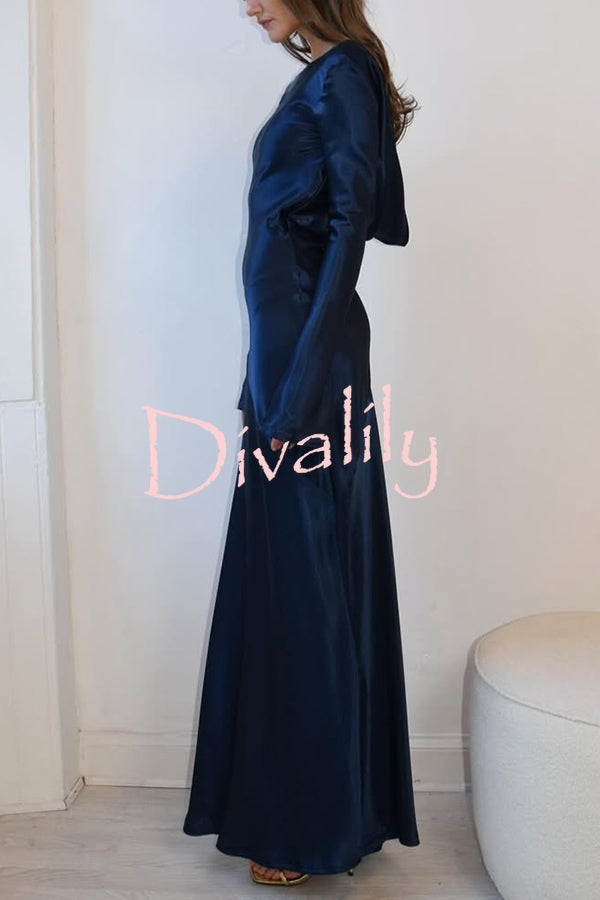 Satin Elegant Long-sleeved Open-back Slim-fit Slit Maxi Dress