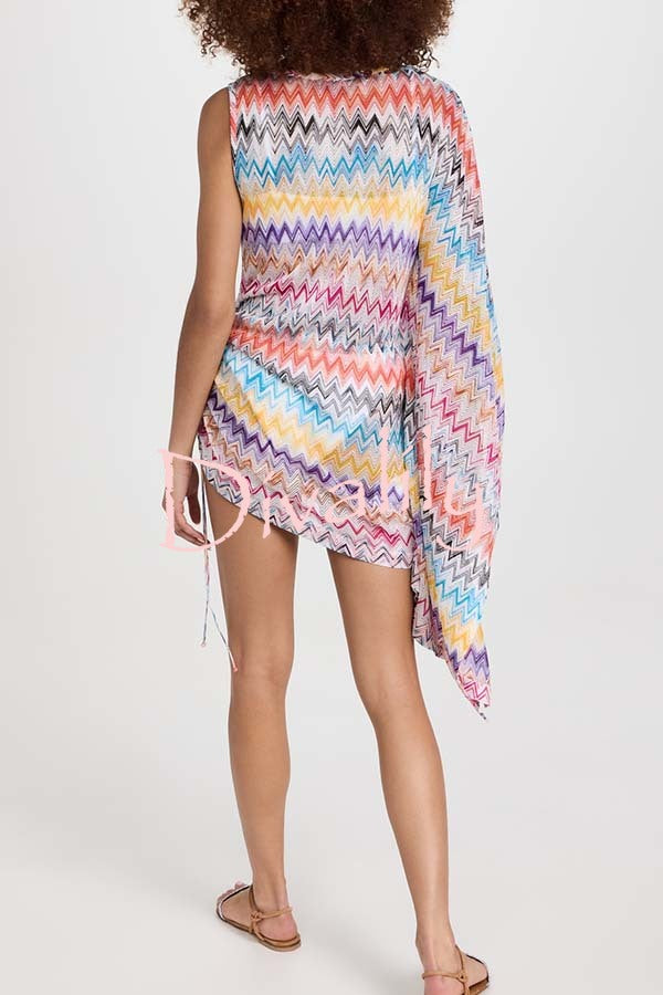 Arloe Knit Colorful Zigzag Pattern Asymmetric Flare Sleeve Ruched Tie-up Mini Dress