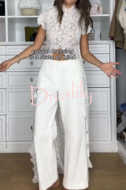 Elegant Personality Floral Lace Short Sleeve Front Slit Maxi Top