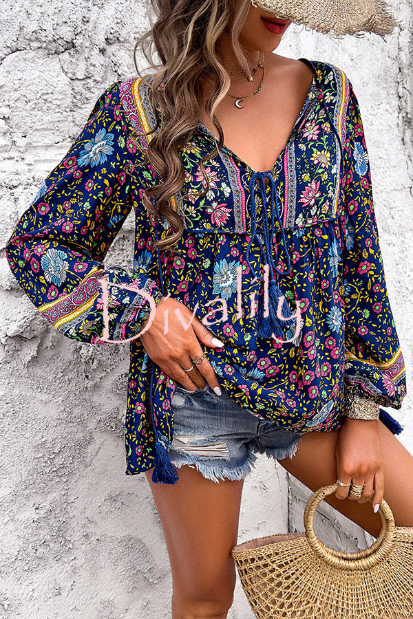 Intricate Floral Print V Neck Lace Up Paneled Long Sleeve Shirt