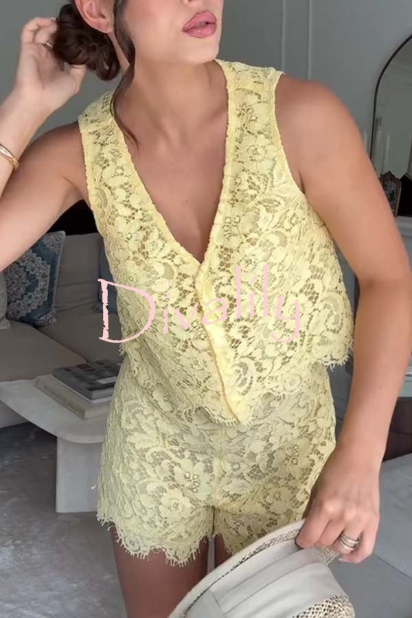 Cute in Butter Floral Lace Button Up Vest and Mid Rise Shorts Set