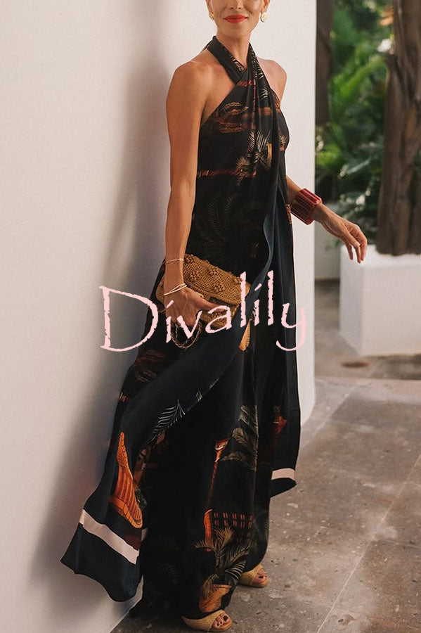 Jungle Elf Unique Print Halter Slit Midi Tank and Elastic Waist Wide Pants Set