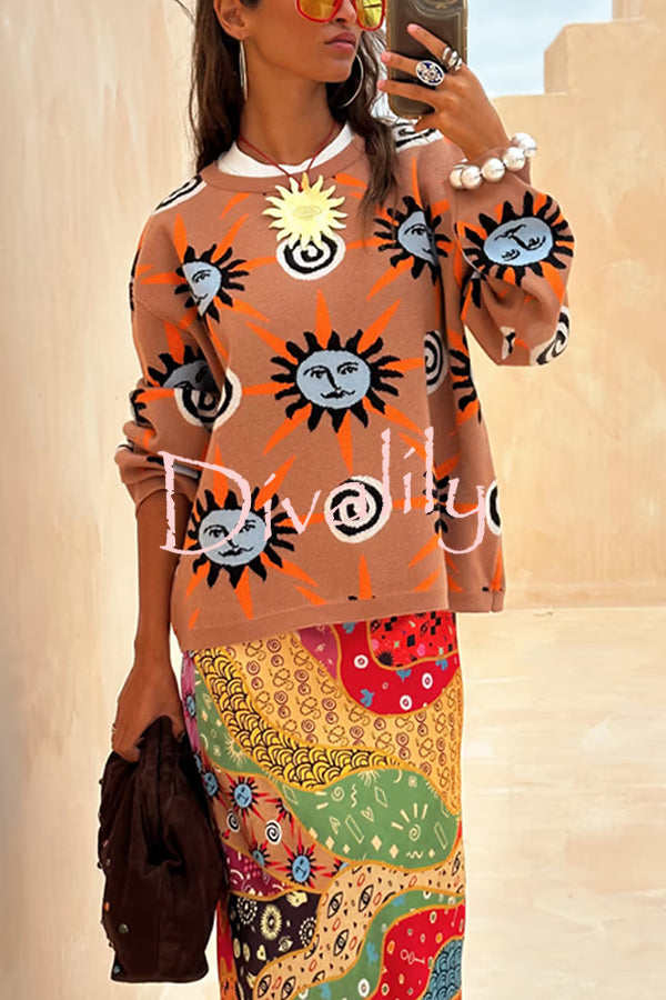 Mediterranean Art Knit Unique Sun Vortex Print Long Sleeve Relaxed Sweater