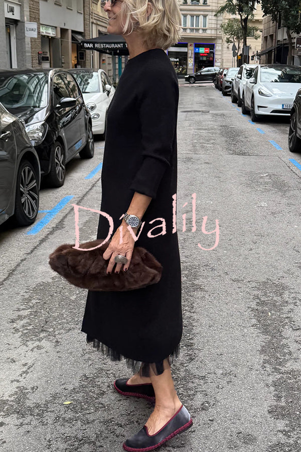 Jollie Knit Long Sleeve Front Slit Midi Sweater and Pleated Tulle Stretch Tank Midi Dress Two-piece Set