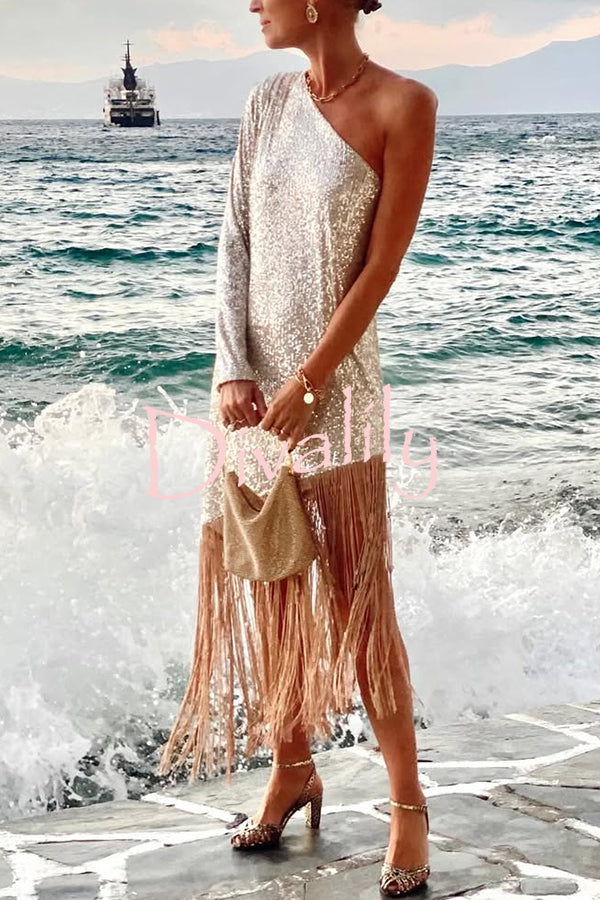 Anika Sequin One Shoulder Sleeve Tassel Hem H-line Midi Dress