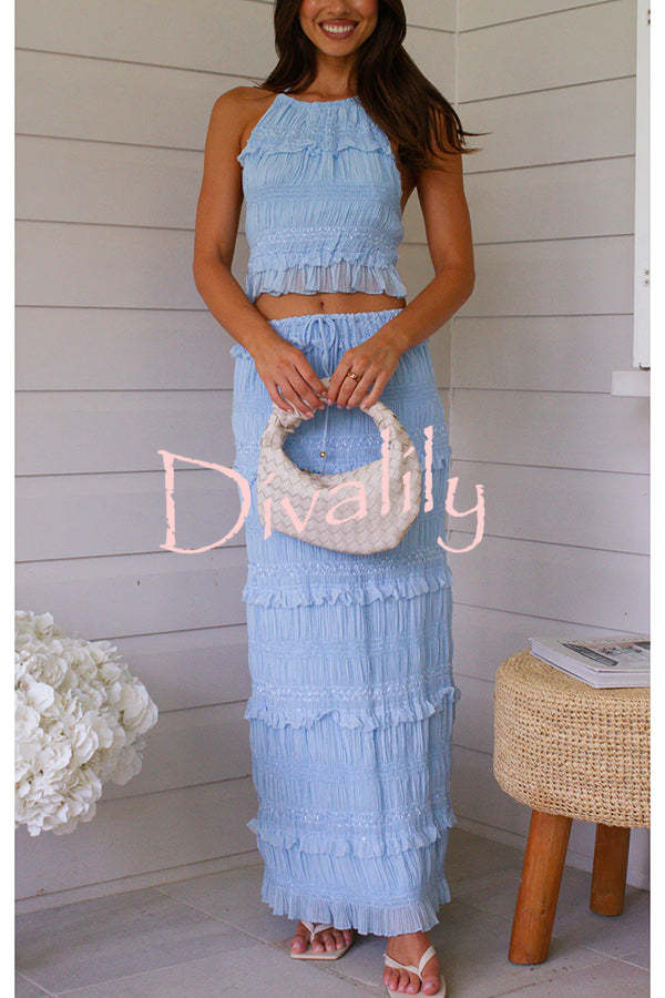 Feel Chic and Romantic Sequin Textured Material Back Elastic Halter Tie Tank and Drawstring Waist Tiered Maxi Skirt Set