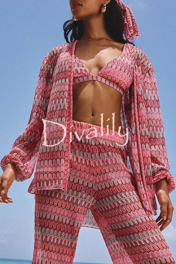 Beach Style Knit Unique Print Long Sleeve Kimono Shirt and Stretch Wide Leg Pants Set