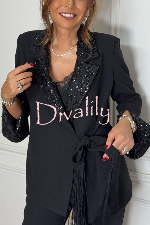 Social Time Embroidered Sequin Patchwork Tassel Belt Detail Lapel Party Blazer
