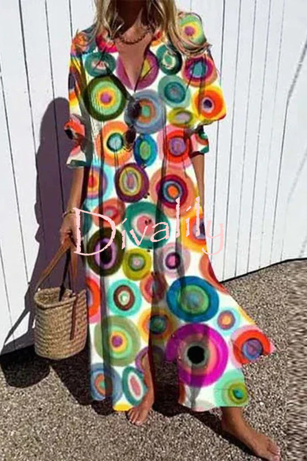 Unique Print Gathered Loose Casual Midi Dress