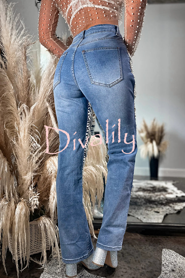 Stylish Multi-layered Pearl Chain Ripped Pocket Straight Jeans