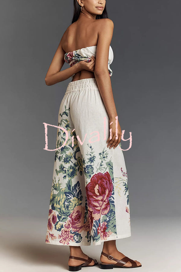 In To The Summer Linen Blend Floral Print Elastic Bandeau and Elastic Waist Pocket Loose Pants Set