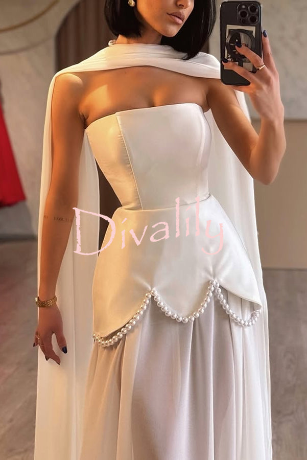 Jiya Satin Petal Hem Pearl Detail Chiffon Cape Strapless Maxi Dress