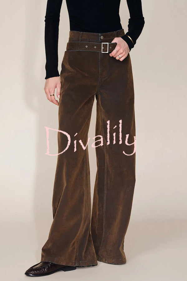 Taylor Denim Mid Rise Detachable Belt Flocked Pocket Wide Leg Jeans