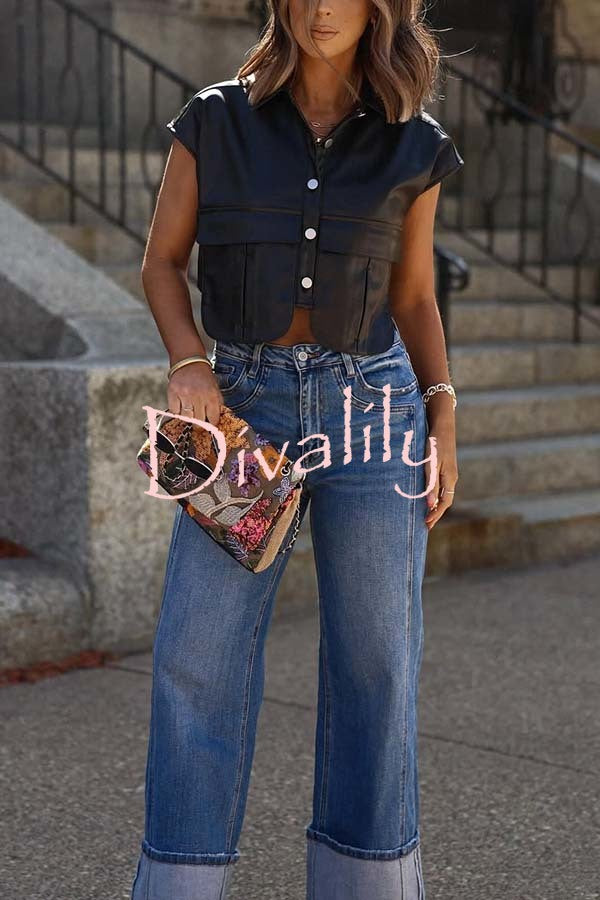 Stylish Weekend Faux Leather Button Up Cape Sleeve Pocket Crop Top