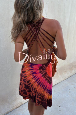 Boho Happiness Tie-dye Print Back Lace-up Stretch Mini Dress